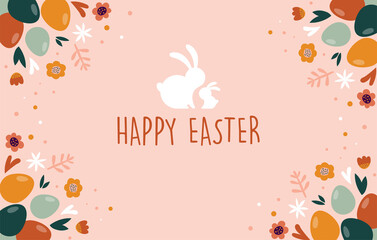 Boho Easter concept design, bunnies, eggs, flowers and rainbows in pastel and terracotta colors, flat vector illustrations