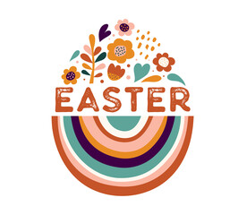 Boho Easter concept design, bunnies, eggs, flowers and rainbows in pastel and terracotta colors, flat vector illustrations