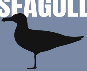 Black silhouette of an oceanic sea gull on a blue background. The outlines of a standing vector bird