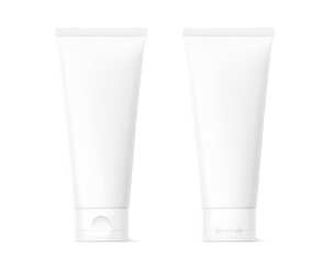 Blank plastic tube mockup for cosmetics with cap. Front and rear view. Vector illustration isolated on white background. Can be use for your design, advertising, promo and etc. EPS10.