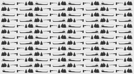 Endless seamless pattern on the theme of hiking and camping. Ax, a log with a branch and a fragment of the forest. Fir-trees and fallen tree.