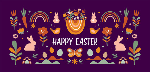 Boho Easter concept design, bunnies, eggs, flowers and rainbows in pastel and terracotta colors, flat vector illustrations