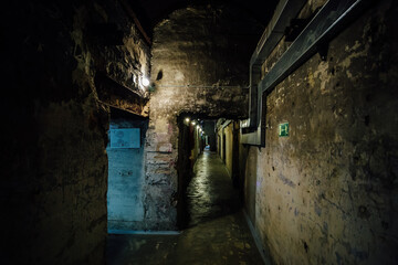 Fototapeta na wymiar Dark creepy old corridor of underground bunker or prison