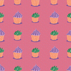 Colorful purple and green cupcakes seamless vector pattern. Surface print design for fabrics, stationery, scrapbook paper, gift wrap, backgrounds, textiles, and packaging.