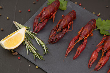 Delicious boiled crayfish close-up on a stone plate with lemon and parsley. Black background.