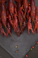 Delicious boiled crayfish close-up on a stone plate with pepper, lemon and parsley. free space for your text. Black background.