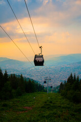 Cable car that goes from Sarajevo to Trebevic mountain at sunset