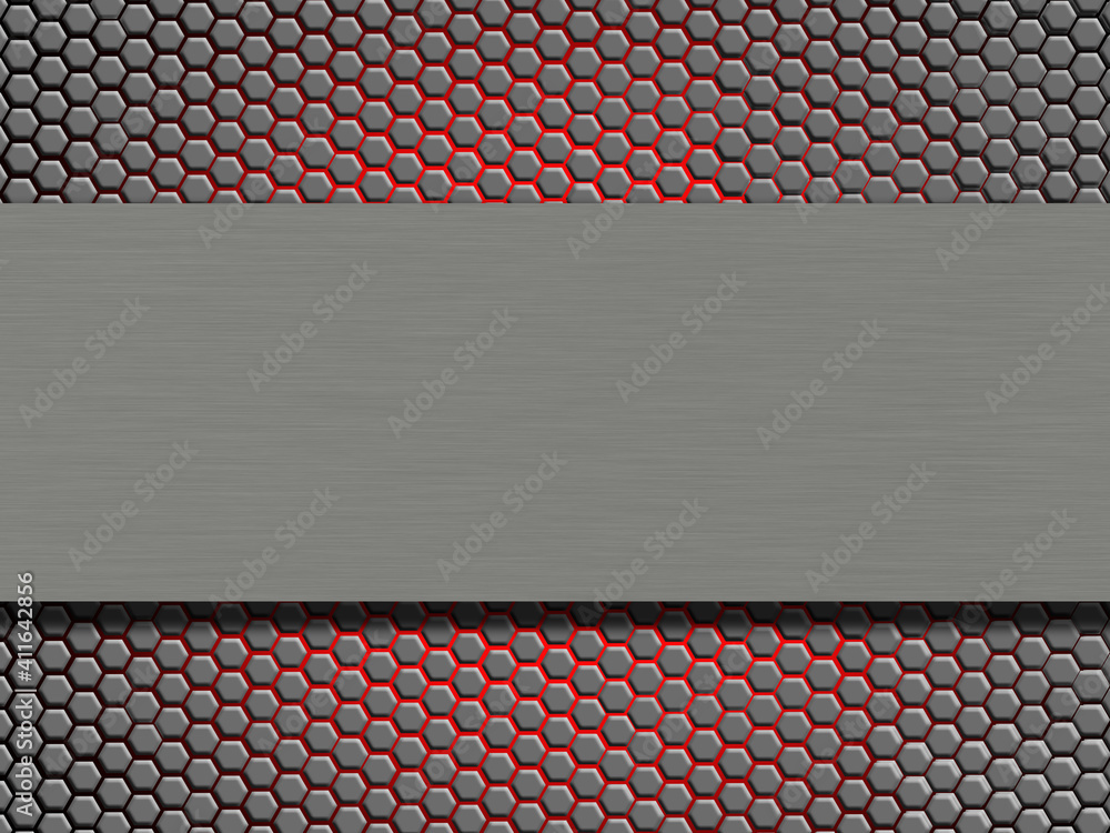 Poster abstract gray honeycomb pattern on red neon background with space for text in the middle