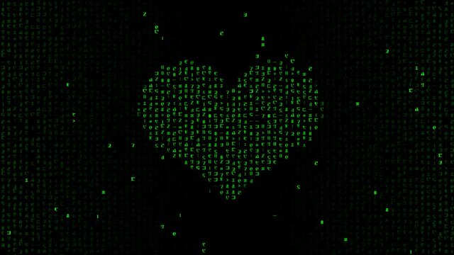 Glowing green heart shaped symbol on black background forms by abstract animated matrix binary code on computer screen. Digitally generated Love and Valentines day concept animation rendered in 4K