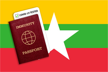 Immunity passport and test result for COVID-19 on flag of Myanmar