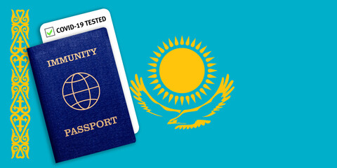 Immunity passport and test result for COVID-19 on flag of Kazakhstan