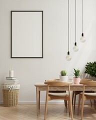 Mock up poster in modern dining room interior design with beige empty walls.