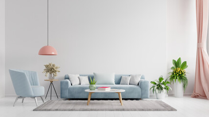Living room interior wall mockup in bright tones with have sofa and lamp with white wall background.