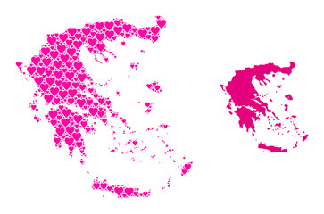 Fototapeta premium Love mosaic and solid map of Greece. Collage map of Greece is formed with pink love hearts. Vector flat illustration for dating concept illustrations.