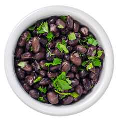 Dark red canned beans in white bowl