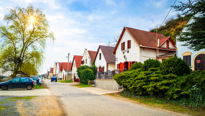 Fototapeta na wymiar Beautiful cozy street in Tokaj, Hungary. Tokaj is the center of famous Tokaj Wine Region