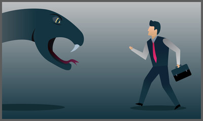 
vector illustration of business man meeting a large black snake, fighting fear concept