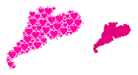 Love mosaic and solid map of Guangdong Province. Collage map of Guangdong Province composed from pink hearts. Vector flat illustration for love concept illustrations.