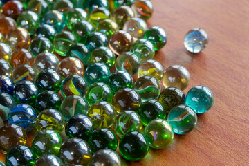 Selective focus.Lots of Marble Balls. Colorful glass balls in vintage style.