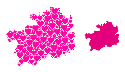 Fototapeta premium Love collage and solid map of Guizhou Province. Collage map of Guizhou Province composed with pink lovely hearts. Vector flat illustration for marriage abstract illustrations.