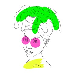 Abstract woman face one line drawing. Portrait minimalistic style. Modern abstract face with abstract green, yellow, violet shapes. Minimalism concept of summer. Line art drawing style. Contemporary
