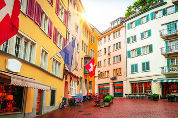 Fototapeta na wymiar Beautiful cozy street in the city center of Zurich, Switzerland