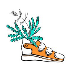 Vector isolated, decorative, abstract illustration drawn, doodles with image of sports shoes with plants, flowers. Concept sportswear, sneakers, romance.