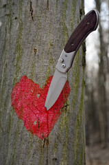 A sharp knife pierced a red heart painted on a tree