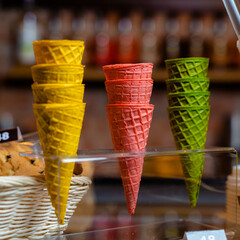 Empty waffle cone on a plate close-up. Food