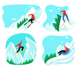 Vector man rolling down mountain on inflatable snow tube, skiing, snowboarding. Background of mountains, spruce forest. Space for text. Concept ski resort, tourism, winter, extreme sports.