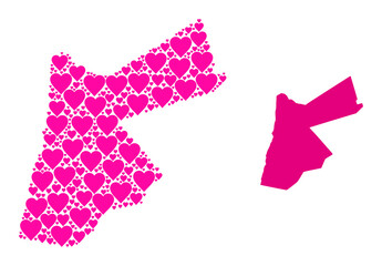 Love collage and solid map of Jordan. Collage map of Jordan is formed with pink hearts. Vector flat illustration for love concept illustrations.