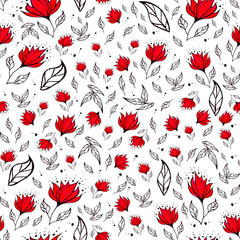 Seamless spring pattern in classic colors: red, black, white. Red flowers for printing on paper, fabrics. - 411650452
