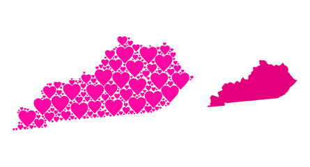 Love mosaic and solid map of Kentucky State. Collage map of Kentucky State created with pink lovely hearts. Vector flat illustration for love conceptual illustrations.