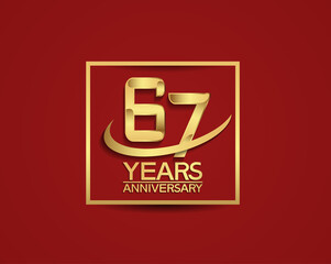 67 years anniversary with square and swoosh golden color isolated on red background can be use for special celebration moment