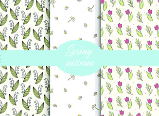 set of spring seamless patterns with hand drawn flowers on white background. Good for prints, textile, wrapping paper, backgrounds, packaging, scrapbooking, stationery, etc.