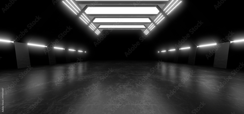 Poster a dark corridor lit by white neon lights. reflections on the floor and walls. 3d rendering image.