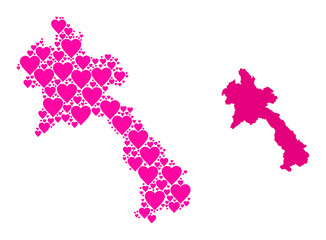 Love mosaic and solid map of Laos. Mosaic map of Laos formed with pink hearts. Vector flat illustration for love concept illustrations.