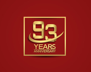 93 years anniversary with square and swoosh golden color isolated on red background can be use for special celebration moment