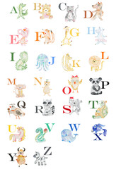 Engels alfabet met aquarel dieren. Kinder illustratie.