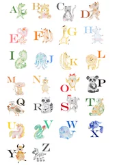 Lichtdoorlatende rolgordijnen zonder boren Eenhoorns Engels alfabet met aquarel dieren. Kinder illustratie.