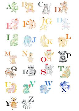 English alphabet with watercolor animals. Children's illustration.