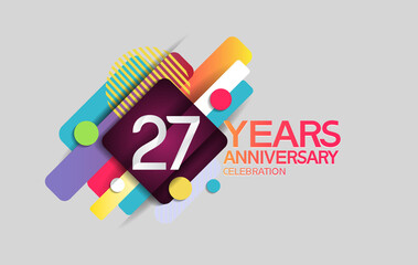 27 years anniversary colorful design with circle and square composition isolated on white background can be use for party, greeting card, invitation and celebration event