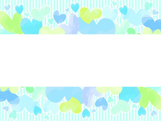 ハートのイラストのフレーム背景、水彩風、青色系