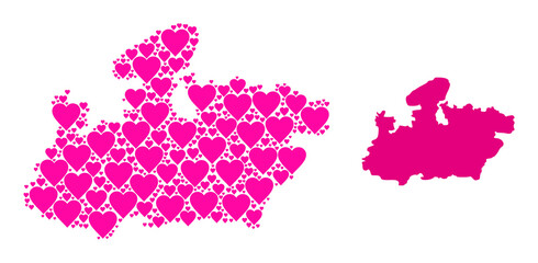 Love collage and solid map of Madhya Pradesh State. Collage map of Madhya Pradesh State designed with pink love hearts. Vector flat illustration for dating abstract illustrations.