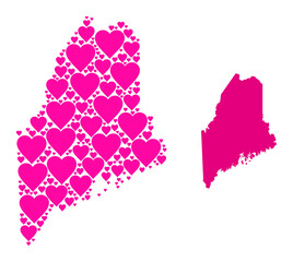 Love mosaic and solid map of Maine State. Mosaic map of Maine State is formed with pink valentine hearts. Vector flat illustration for love concept illustrations.