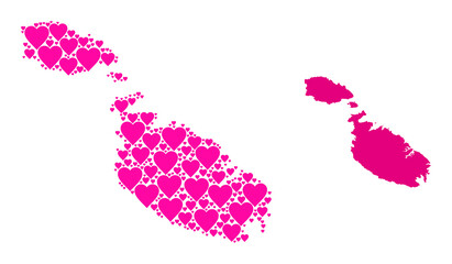 Love mosaic and solid map of Malta. Mosaic map of Malta designed from pink valentine hearts. Vector flat illustration for dating concept illustrations.
