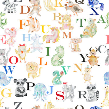 Seamless pattern with animals, birds and alphabet letters. Watercolor.