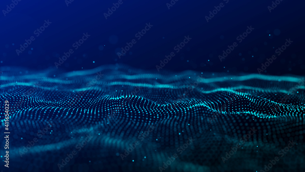 Poster wave 3d. wave of particles. abstract blue geometric background. big data visualization. data technol