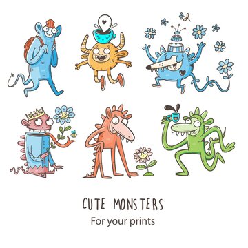 Set with cute cartoon monsters. Fabulous collection of creatures. Funny animal sticker pack. Line art doodle poster.