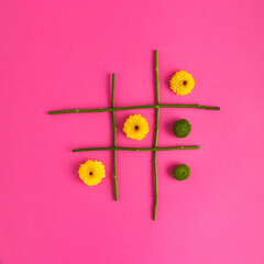 Creative composition with flowers as Cross Circle Game. Valentines or woman's day background...
